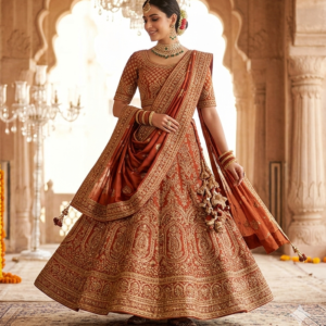 SIZE & FIT Lehenga Waist: Supported up to 42 inches Lehenga Length: 41 inches Lehenga Flair: Approx. 3.80 meters Blouse Length: 1 meter (unstitched) Dupatta Length: 2.50 meters Fit Type: Semi-stitched / Customizable fit Silhouette: Flared, flowy bridal silhouette
