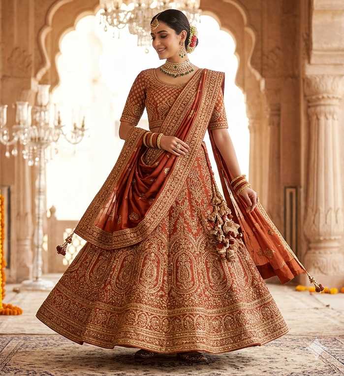 SIZE & FIT Lehenga Waist: Supported up to 42 inches Lehenga Length: 41 inches Lehenga Flair: Approx. 3.80 meters Blouse Length: 1 meter (unstitched) Dupatta Length: 2.50 meters Fit Type: Semi-stitched / Customizable fit Silhouette: Flared, flowy bridal silhouette