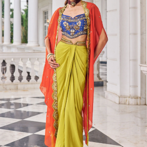 Women Fusion Draped Dhoti Saree Set with Embroidered Blouse & Cape Dupatta